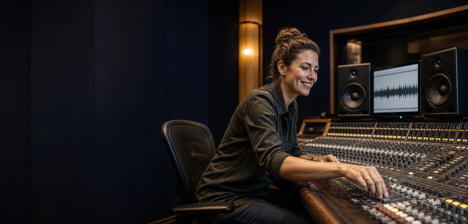Glückliche Audio-Engineer bearbeitet einen Mix am Mischpult und hört ihn über Studiomonitore ab