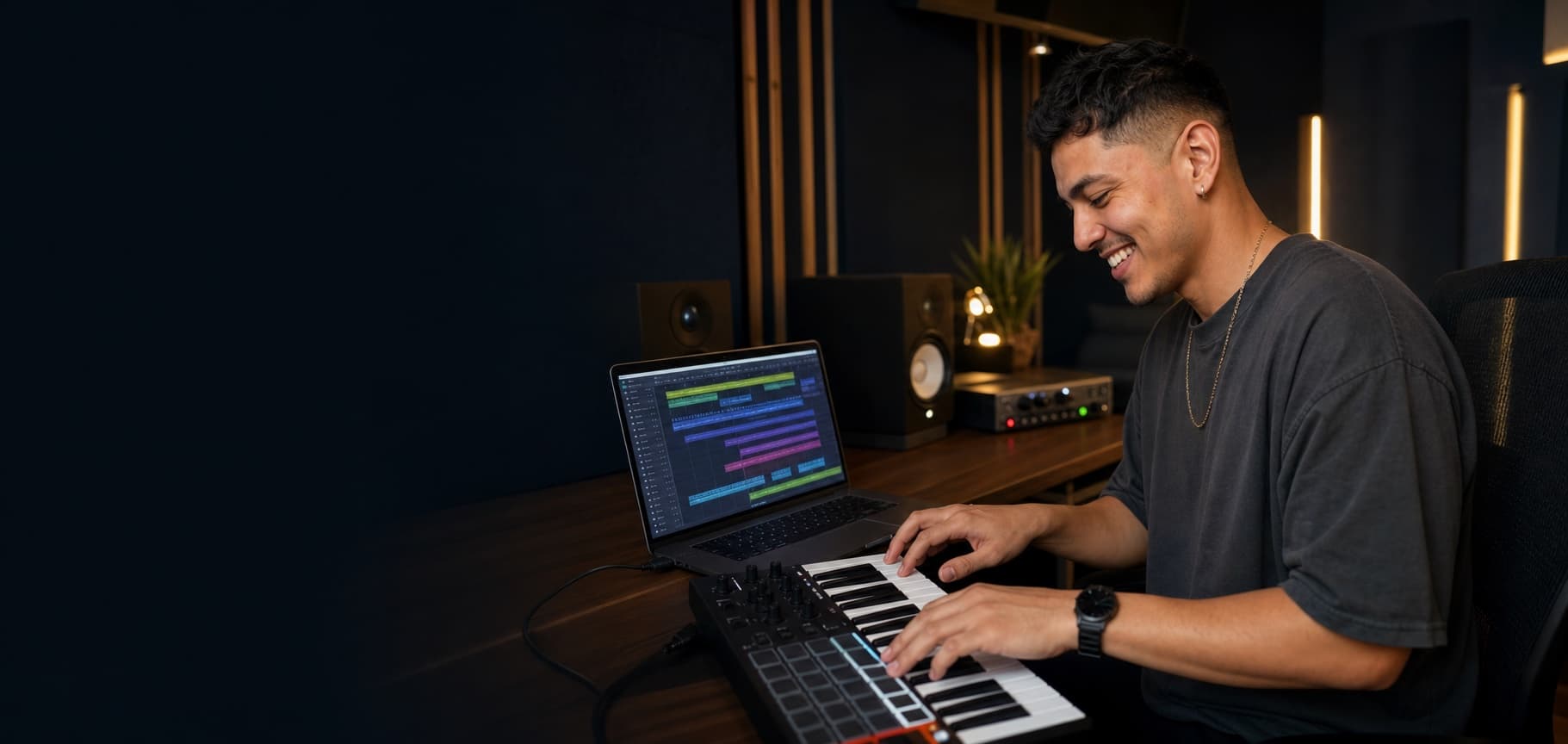 Glücklicher Musikproduzent entwickelt einen Track an MIDI-Keyboard und Computer