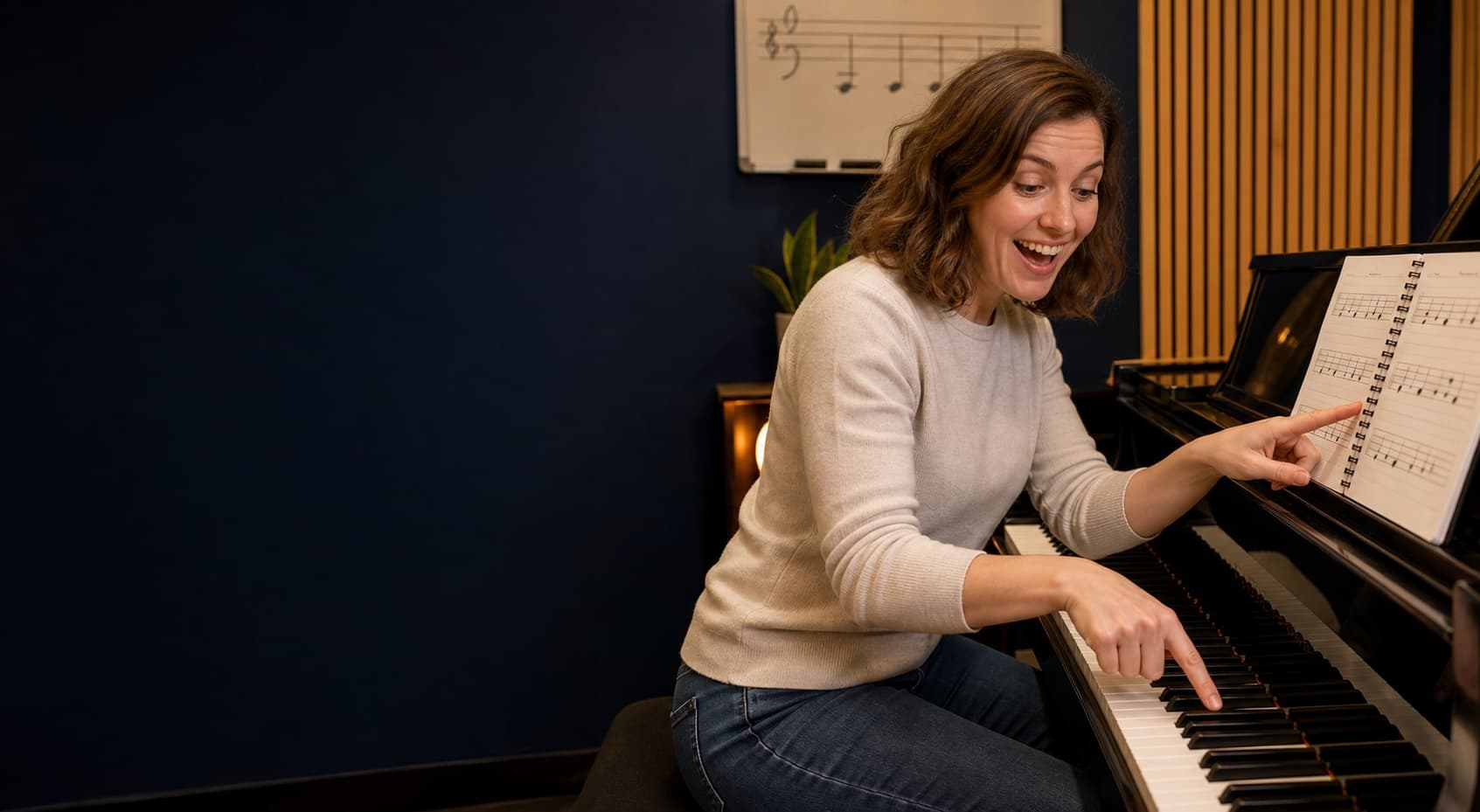Glückliche Musikerin versteht Musiktheorie praktisch an Noten und Piano