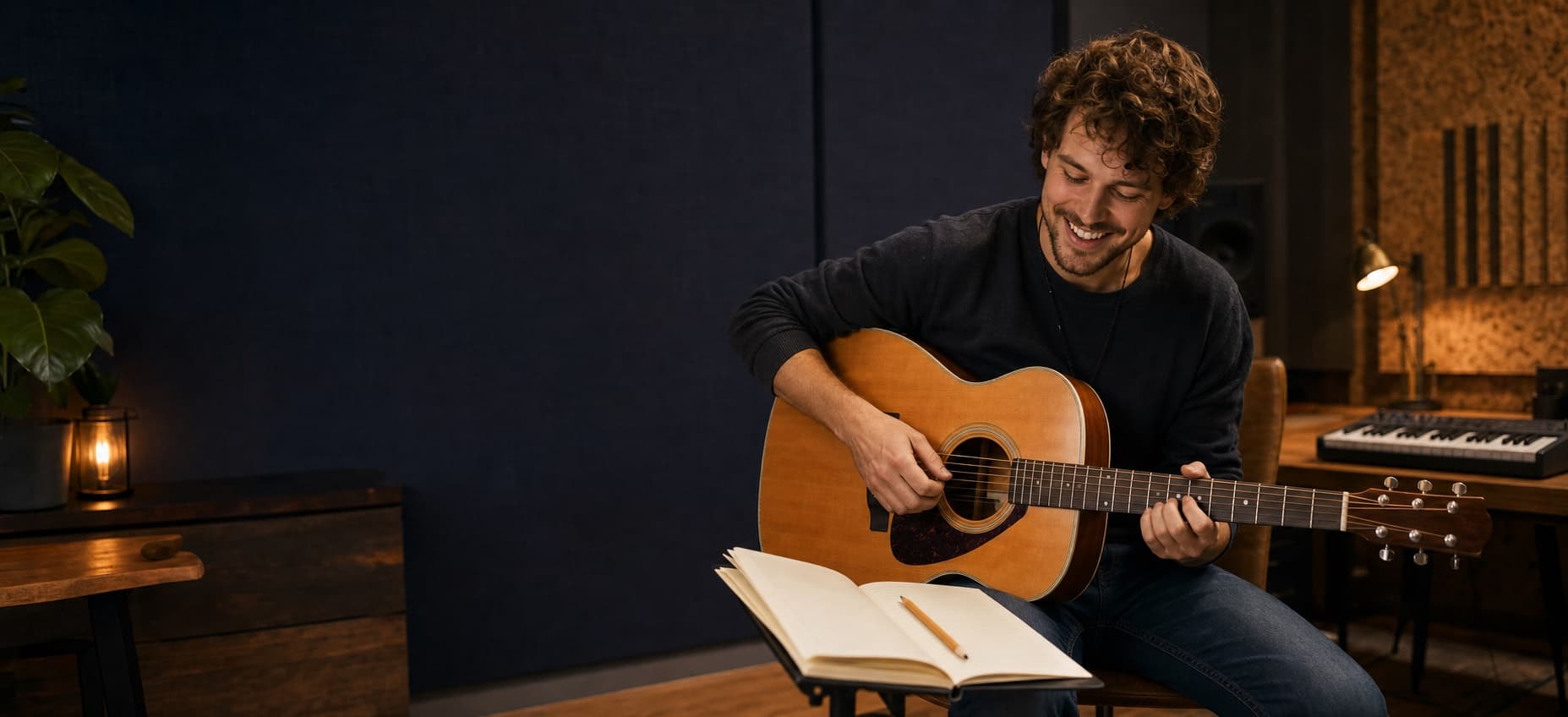 Glücklicher Songwriter entwickelt mit Gitarre und Notizbuch eine Songidee